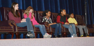 Participants in Charles City's spelling bee are (l to r) Delaney Narron (Grade 8), Sophia Hall (Grade 7), Shivawn Harris (Grade 4), Chae Jones (Grade 5), and Dana Robinson (Grade 6).