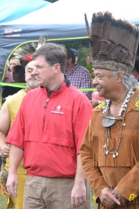 Chickahominy Chief Stephen Adkins (right) is joined by Delegate Christopher Peace as a guest during opening festivities of the yearly celebration.