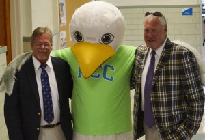 County supervisors Ron Stiers (left) and Ray Davis (right) pose with Squall, Rappahannock Community College's mascot as they toured the facility.