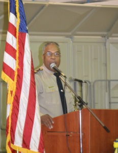 New Kent Sheriff Deputy and Vietnam Veteran Capt. Charles Gardner delivers a message on being prepared and expecting the unexpected as the keynote speaker at the ceremony.