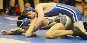 New Kent’s Zac Perkins gains control of his Lafayette opponent on the way to winning by pin.