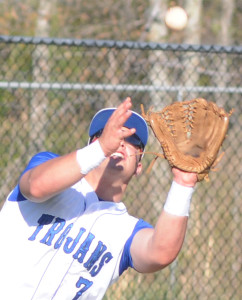 New Kent right fielder Kevin Karaffa zeroes in for a running grab on a sinking line drive off the bat of Grafton's Gray Harris in the third inning.