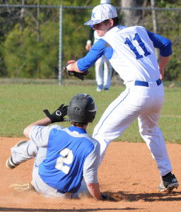 New Kent second baseman Steven Carpenter gloves the throw and turns to tag out Smithfield's Dillon Wright on a steal attempt at second base.