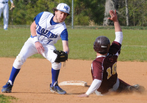 New Kent second baseman Brennan Gray reaches to tag out Poquoson's Trey Hicks on a steal attempt at second.