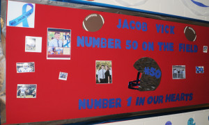 A tribute to Jacob Vick appears on a bulletin board inside New Kent High School.