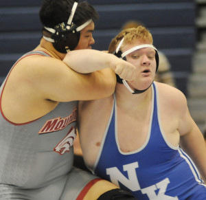 Heavyweight Mikey Dorer works to gain leverage on his Mountain View foe in Saturday's final encounter.