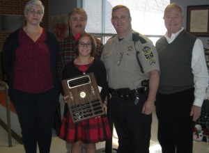 Katherine Payne (center) is identified as George Watkins Elementary School’s winner of the award. Joining her in the recognition are (l to r) mother Ashley Harwood, father Tom Payne, Watkins, and Rula.